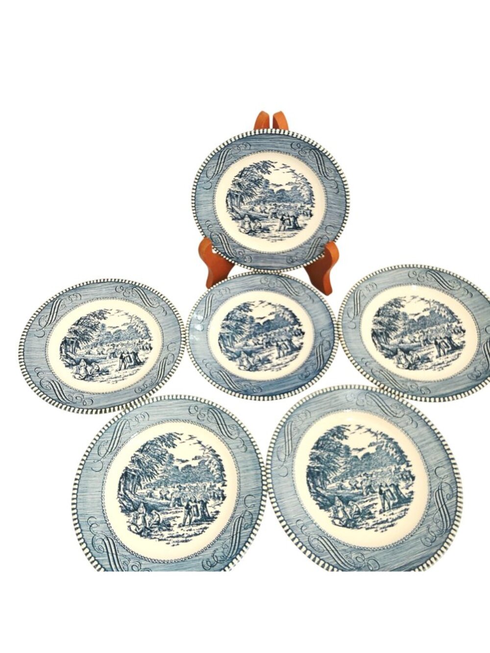 6 Currier Ives Blue Harvest Dessert Plate 5.75" Royal USA transferware ironstone - Picture 2 of 8